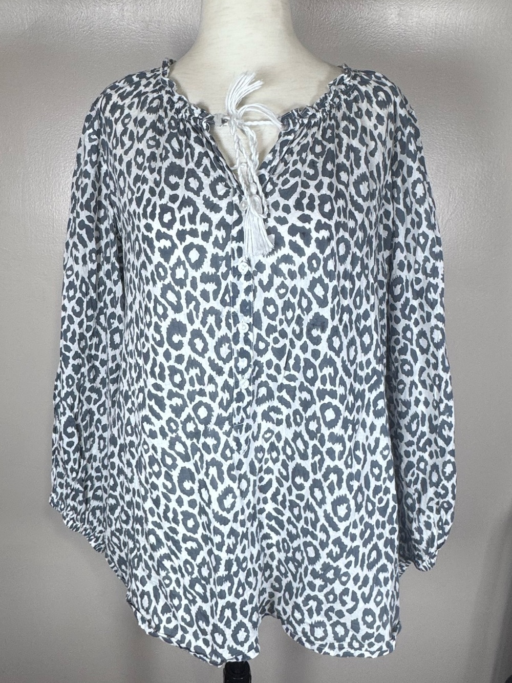 Emerson Fry India Collection Bardot Peasant Top- Charcoal Leopard Organic Sz XS